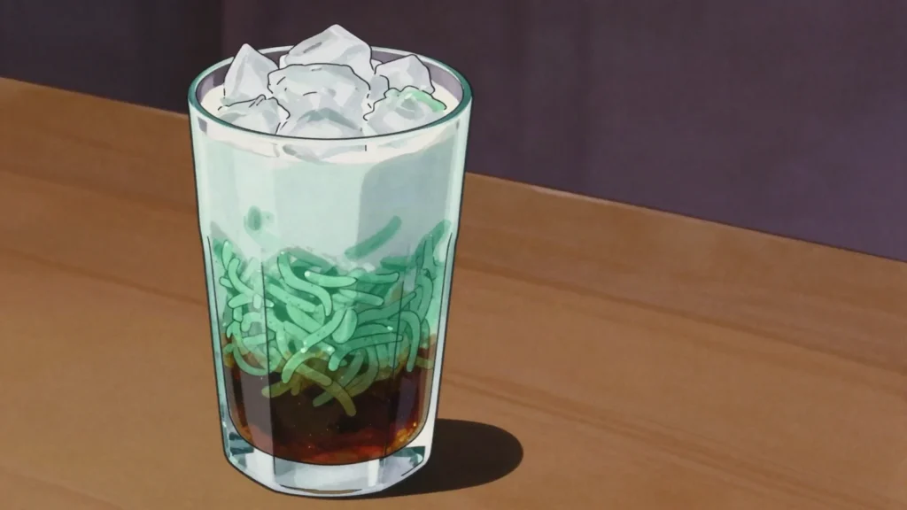 Es Cendol, green rice-flour worms in coconut milk with palm sugar syrup and ice, Indonesia dessert, anime style