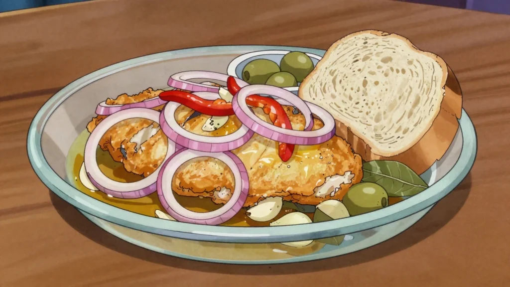 Escabeche de pescado, fried fish preserved in vinegar with onions and peppercorns, Cuba fermented & pickled, anime style
