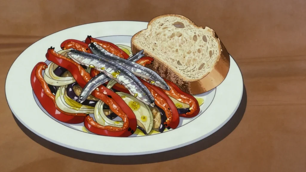 Escalivada, catalan salad of peppers and aubergines roasted whole in embers, Spain salad & side, anime style