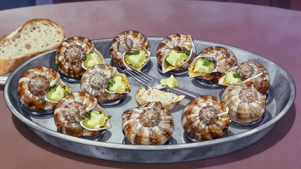 Escargots, snails baked in garlic-parsley butter, eaten with picks, France snack, anime style