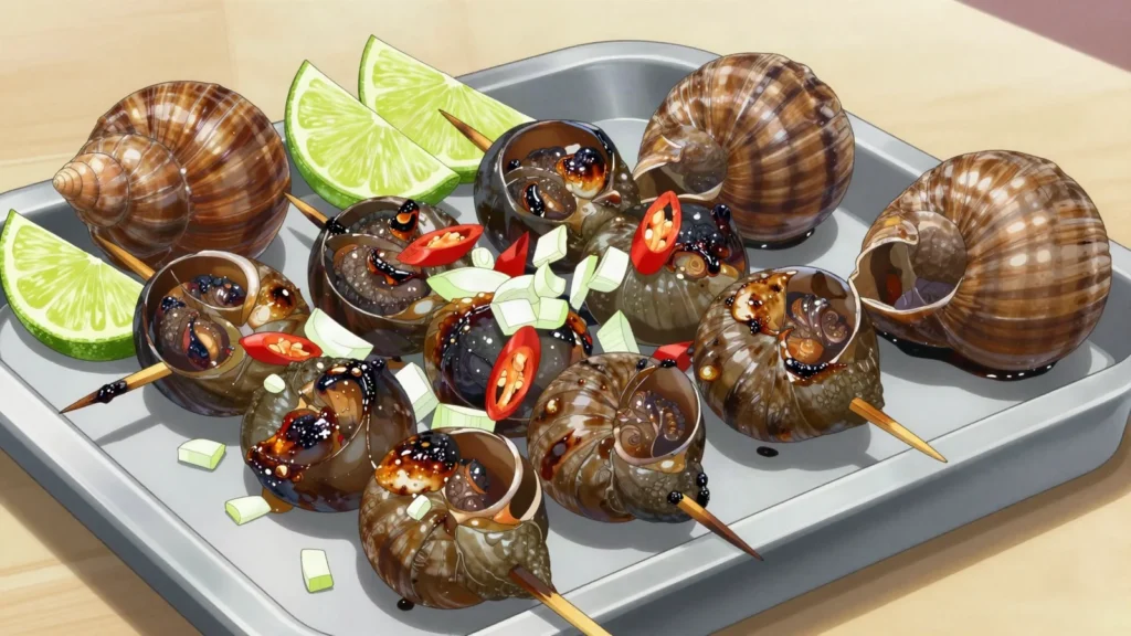 Escargots braisés, giant land snails grilled on skewers with chili and onion at, Côte d'Ivoire street food, anime style