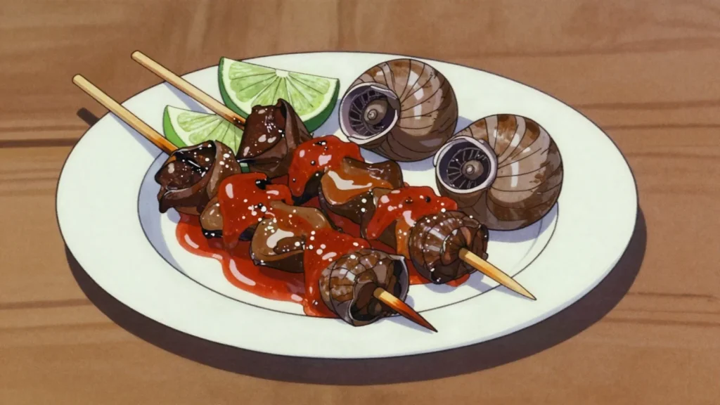 Escargots, giant land snails skewered and grilled with chili at roadside braziers, Gabon street food, anime style