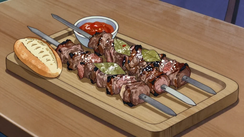 Espetada, chunks of beef threaded on a skewer, salted and grilled over coals, Mozambique street food, anime style