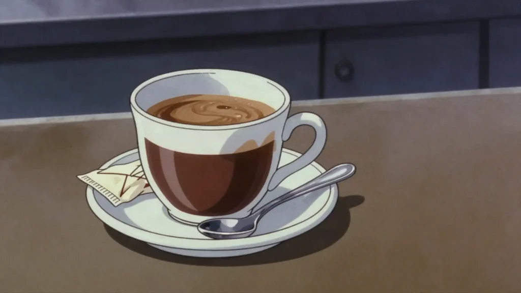 Espresso, short, intense coffee drunk standing at the bar, Italy drink, anime style