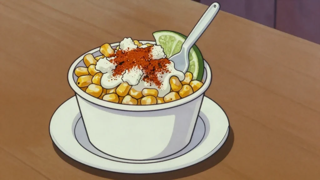 Esquites, corn kernels cooked with epazote, cupped with mayonnaise, cheese, chile and lime, Mexico street food, anime style