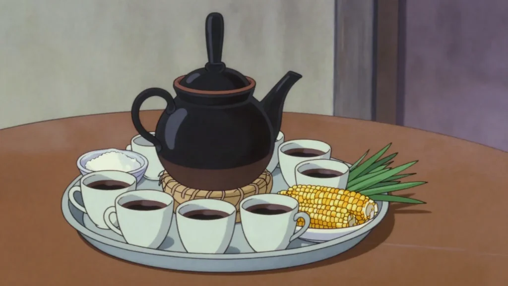 Ethiopian coffee ceremony, beans roasted, ground and brewed in a jebena, served in three rounds, Ethiopia drink, anime style