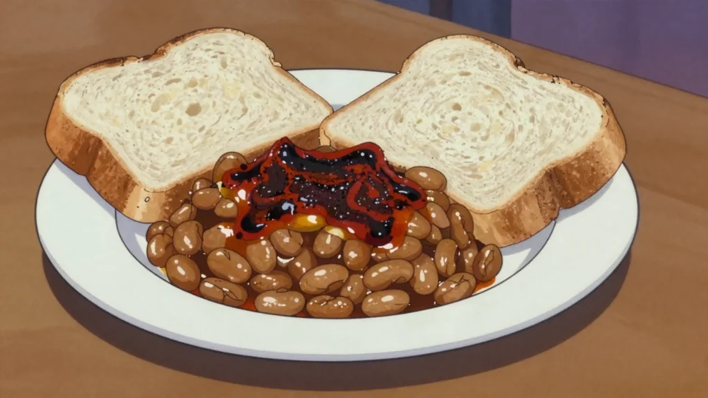 Ewa agoyin, mashed beans under scorched-pepper palm-oil sauce, scooped with agege bread, Nigeria street food, anime style