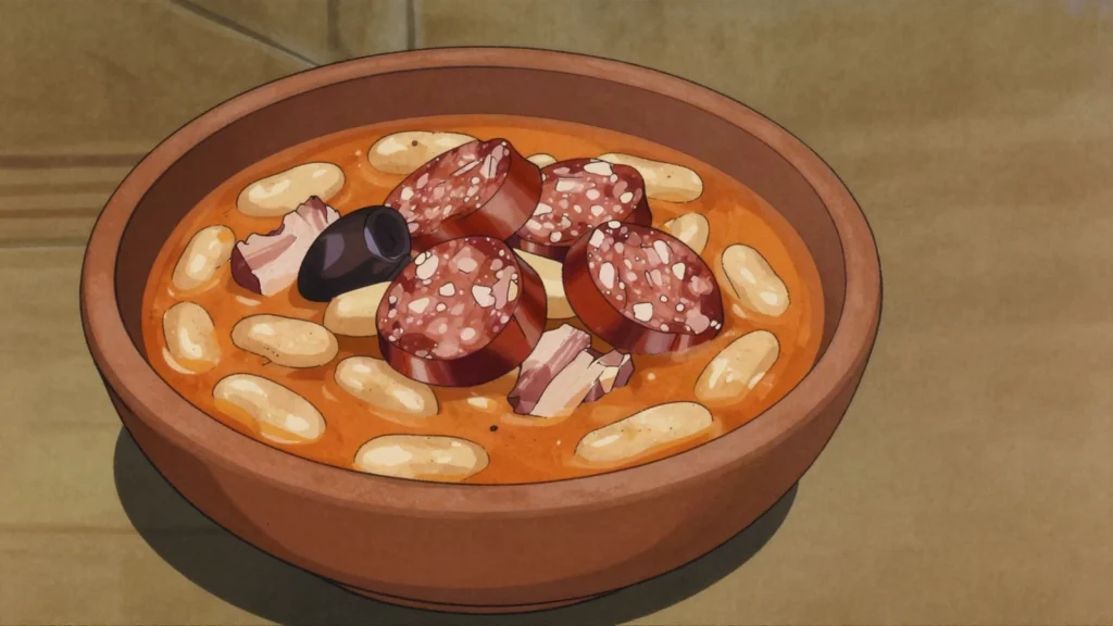 Fabada asturiana, white bean stew with chorizo, morcilla and pork, Spain soup & stew, anime style