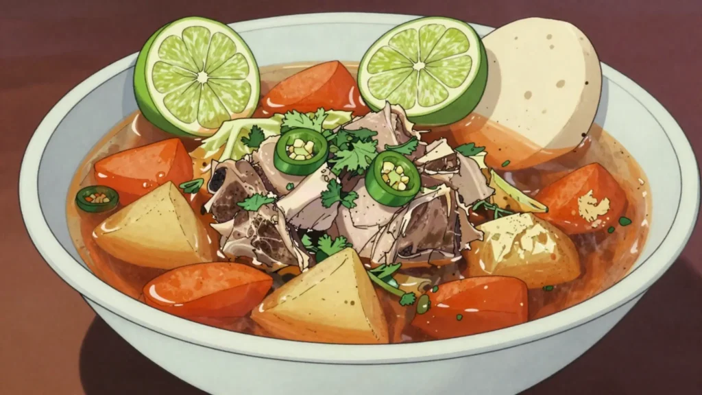 Fah-fah, peppery goat and vegetable soup eaten with spongy bread, Djibouti soup & stew, anime style