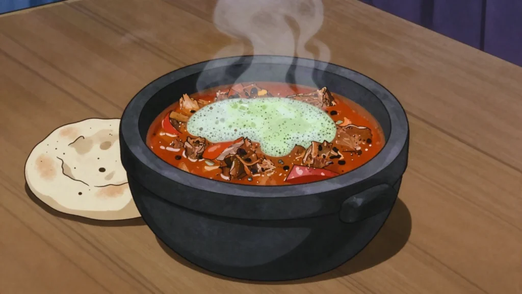 Fahsa, shredded lamb stew seething in stone pot with fenugreek, Yemen soup & stew, anime style