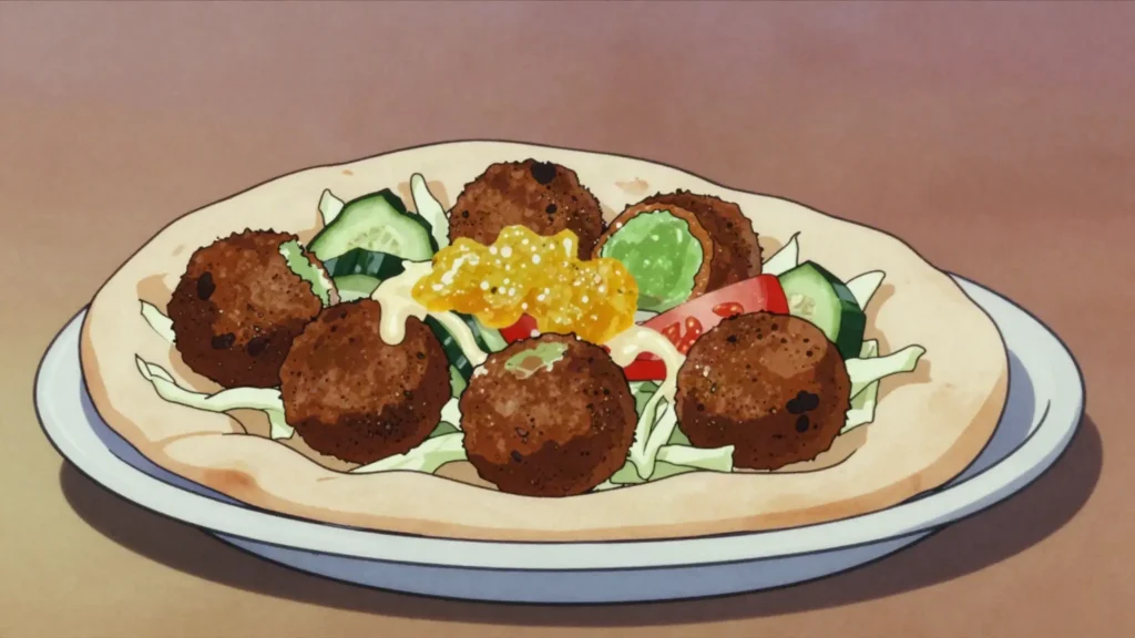 Falafel, fried chickpea balls in pita with salads, tahini and amba, Israel street food, anime style
