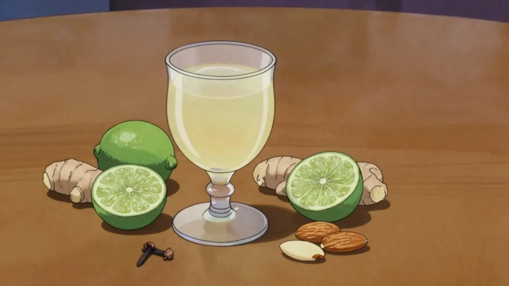 Falernum, sweet lime, clove, almond and ginger liqueur, splashed into rum drinks, Barbados wine & spirit, anime style