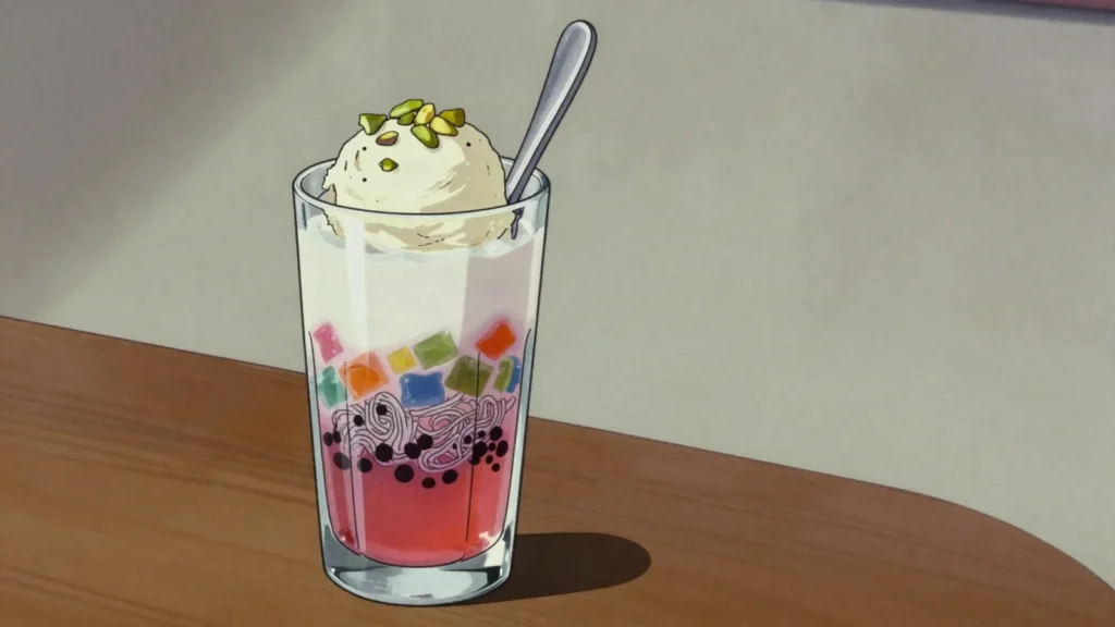 Falooda, vermicelli, basil seed and rose syrup layered with milk and ice cream, Pakistan dessert, anime style
