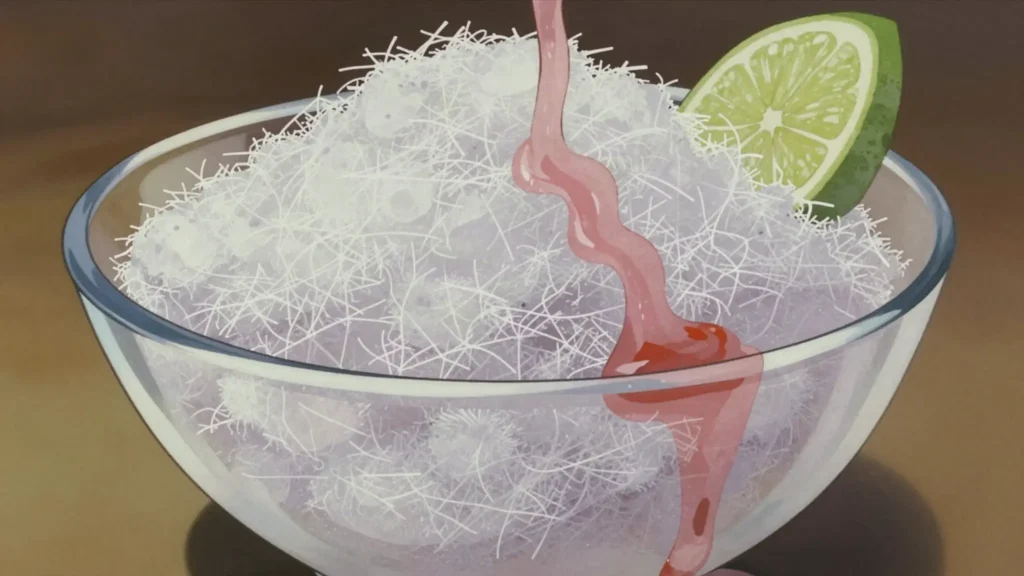 Faloodeh, shirazi frozen rice-noodle sorbet with rosewater and lime, Iran dessert, anime style