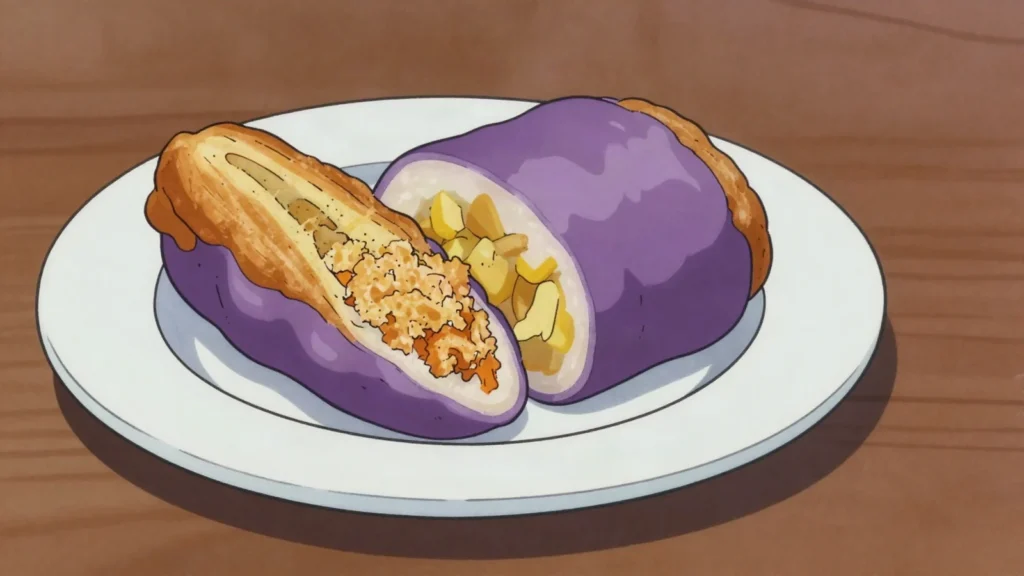 Fantuan, sticky rice roll wrapped around youtiao, pork floss and pickled radish, Taiwan breakfast, anime style