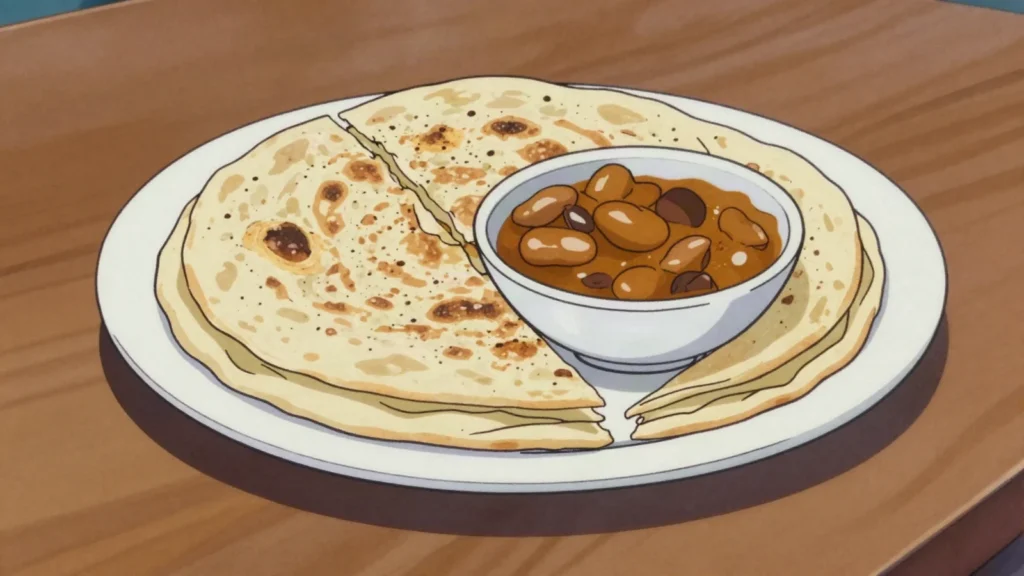 Farata, flaky layered flatbread torn to scoop curries, Mauritius bread & pastry, anime style