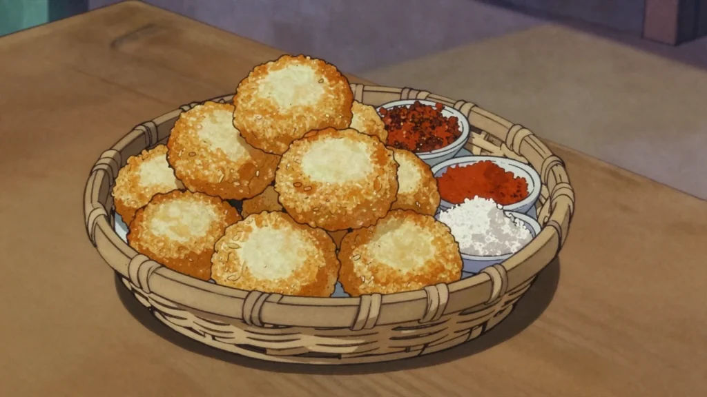 Fari masa, small fried cakes of fermented rice batter, eaten with pepper sauce or sugar, Niger street food, anime style