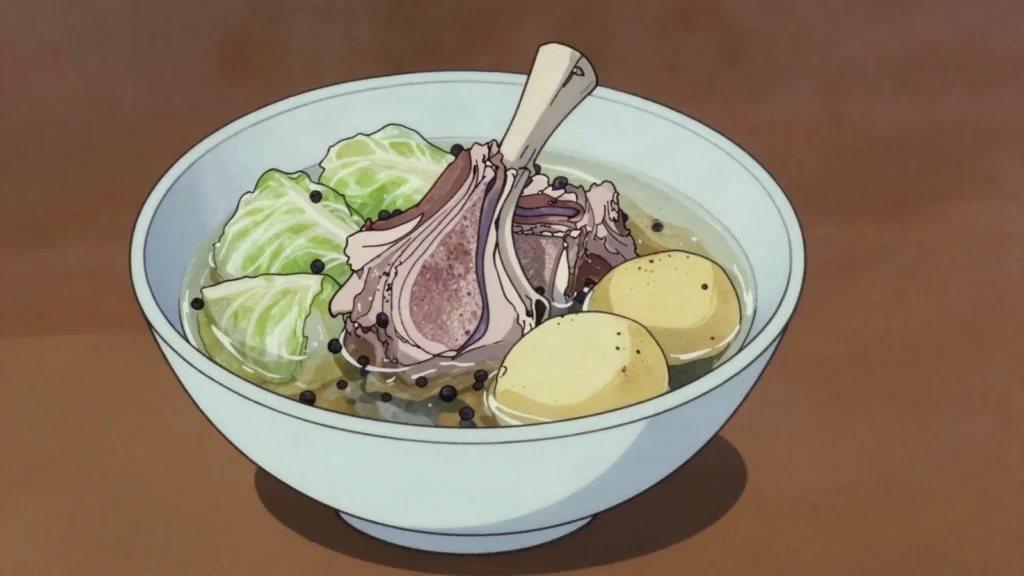Fårikål, lamb and cabbage simmered with whole peppercorns; national dish, Norway soup & stew, anime style