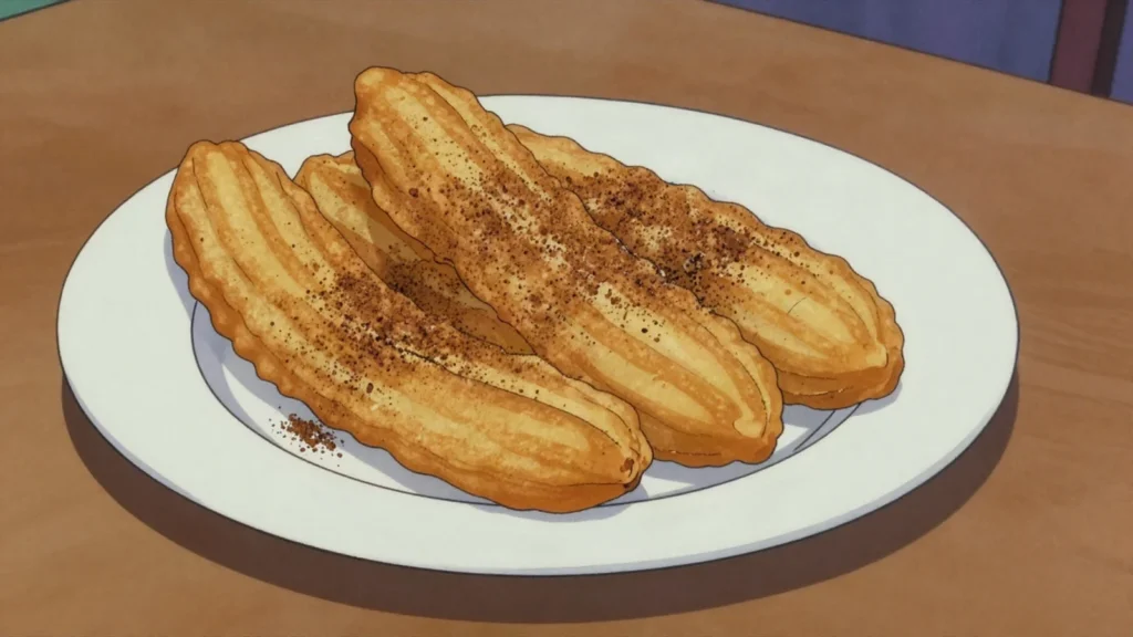 Farturas, long ridged fritters fried at fairs, dusted with cinnamon sugar, sold by the, Portugal street food, anime style