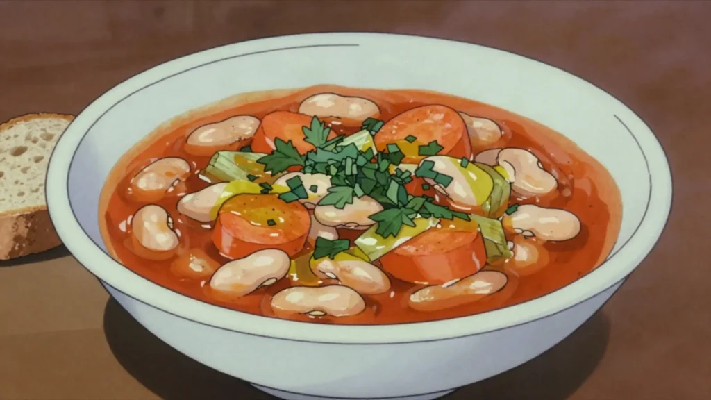 Fasolada, white bean, tomato and olive-oil soup, Greece soup & stew, anime style