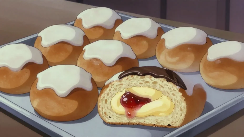 Fastelavnsbolle, cream-filled bun eaten before Lent, iced on top, Denmark bread & pastry, anime style