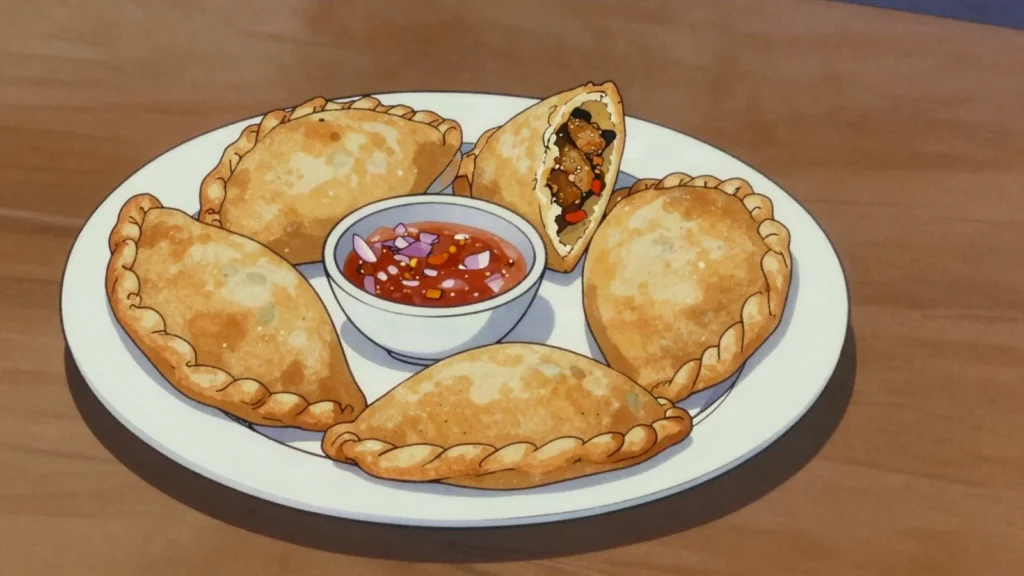 Fataya, fried pastry pockets of spiced fish or meat, Senegal street food, anime style