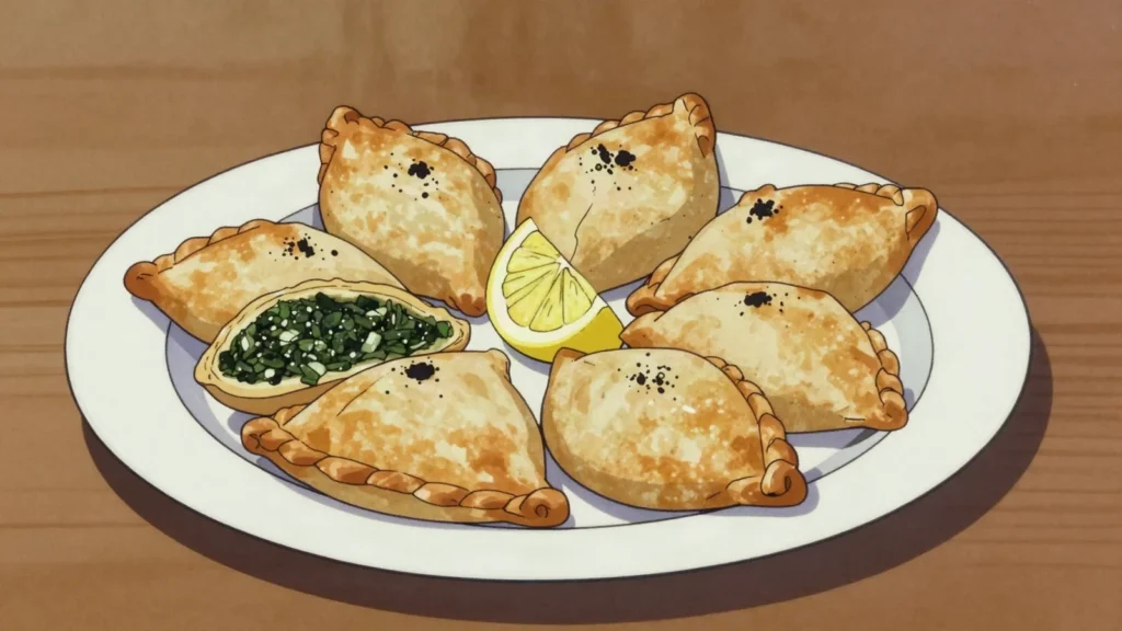 Fatayer, folded triangle pies of spinach, cheese or za'atar, Palestine bread & pastry, anime style