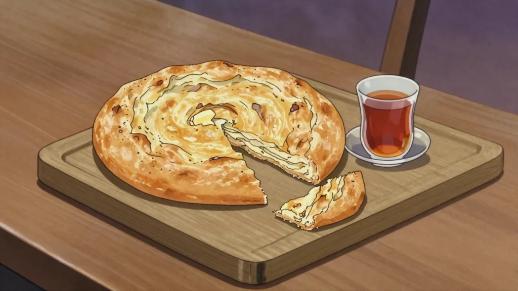 Fatir, flaky layered bread rolled with fat and baked in a tandoor, Tajikistan bread & pastry, anime style