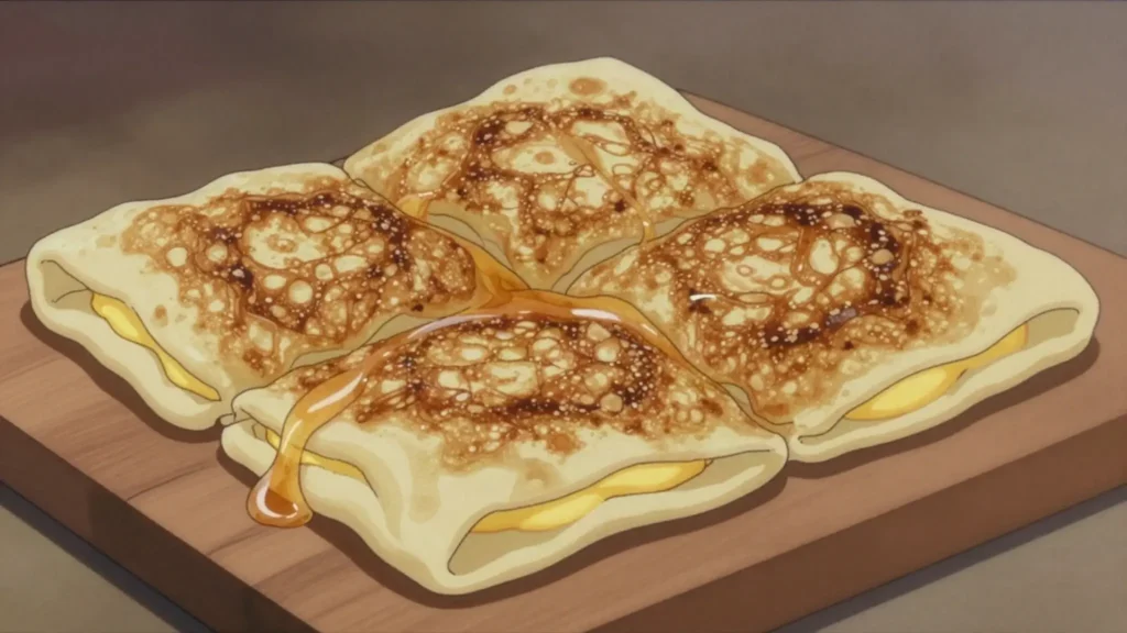 Fatira, layered pan-fried dough folded around egg and eaten with honey, Eritrea bread & pastry, anime style