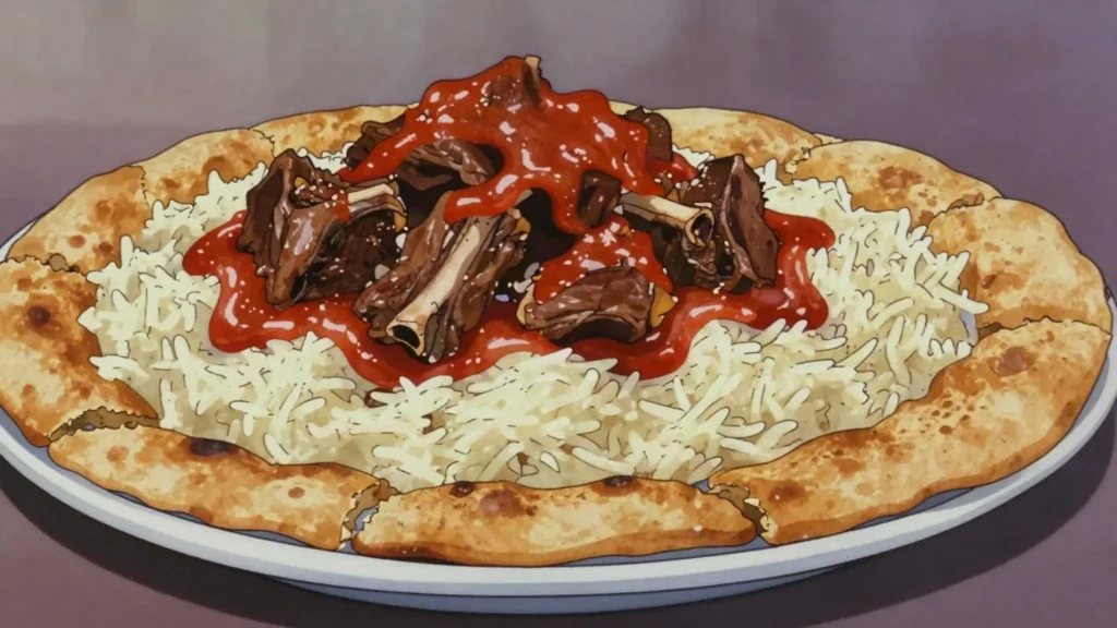 Fattah, layers of crisp bread, rice and meat in garlic-vinegar tomato sauce; feast dish, Egypt main, anime style