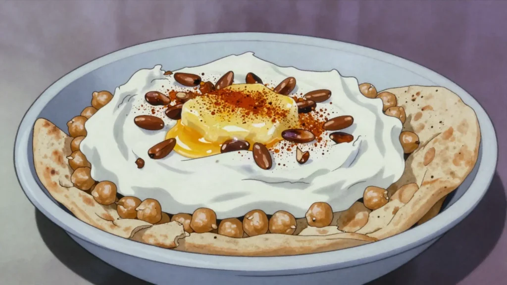 Fatteh, chickpeas, torn pita and warm yogurt topped with fried nuts, Lebanon breakfast, anime style