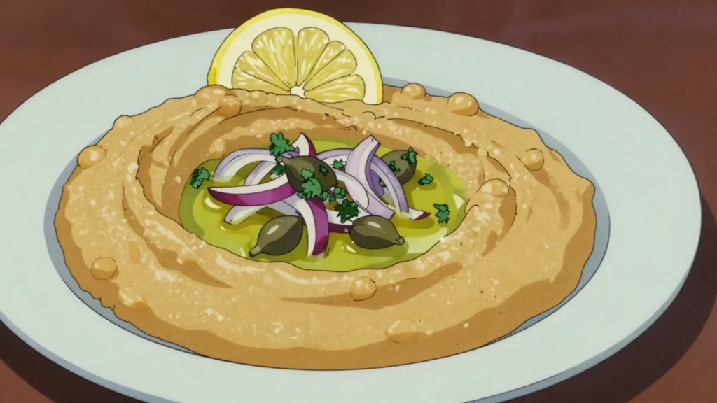 Fava, santorini yellow split-pea purée with capers, onion, Greece salad & side, anime style