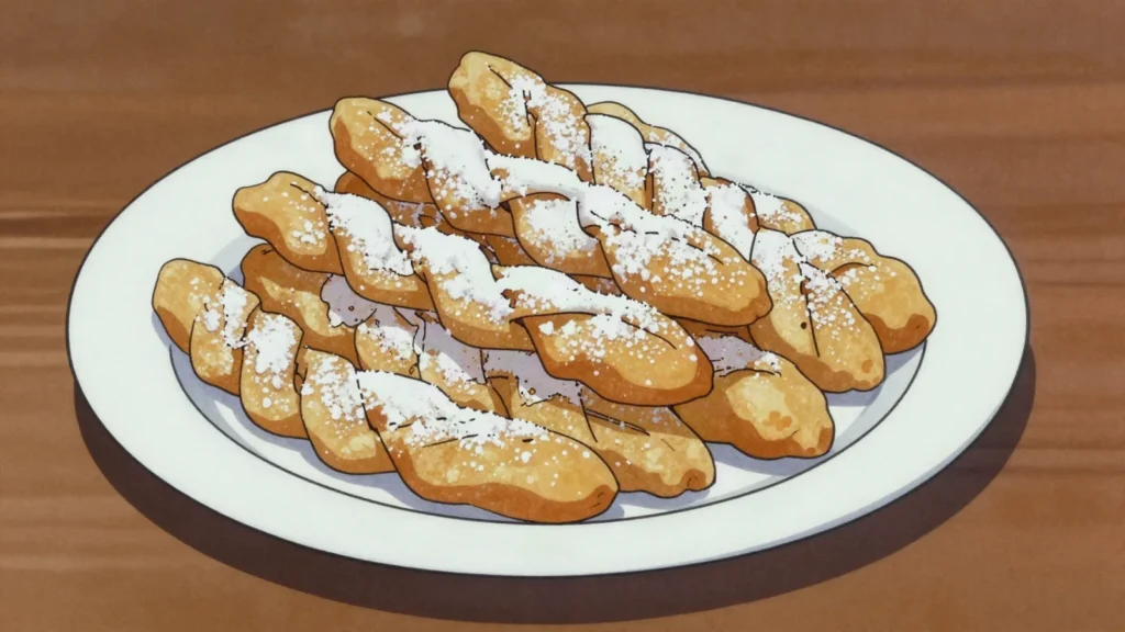 Faworki, crisp fried ribbons of dough dusted with icing sugar, Poland dessert, anime style