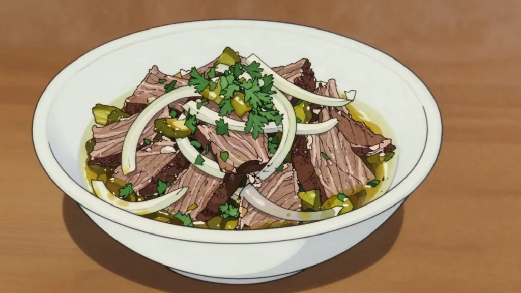 Feierstengszalot, cold boiled beef salad with onion, vinegar, mustard and parsley, Luxembourg salad & side, anime style