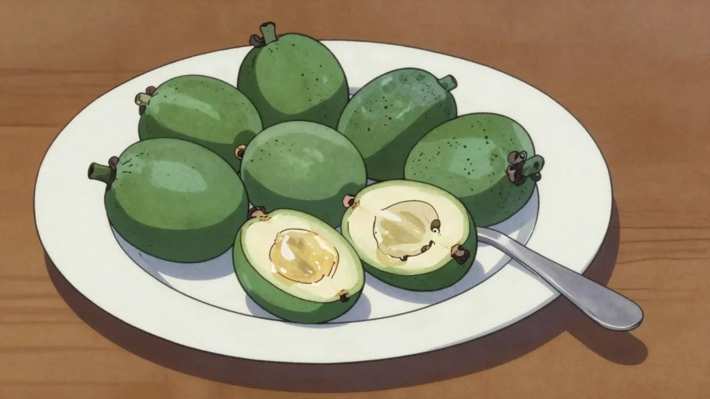 Feijoa, aromatic green autumn fruit scooped from the skin, tasting of pineapple and guava, New Zealand snack, anime style