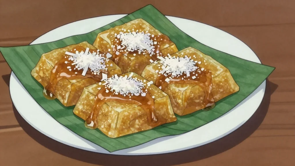 Fekei, sticky pudding of grated pulaka or banana cooked with coconut cream and syrup, Tuvalu dessert, anime style