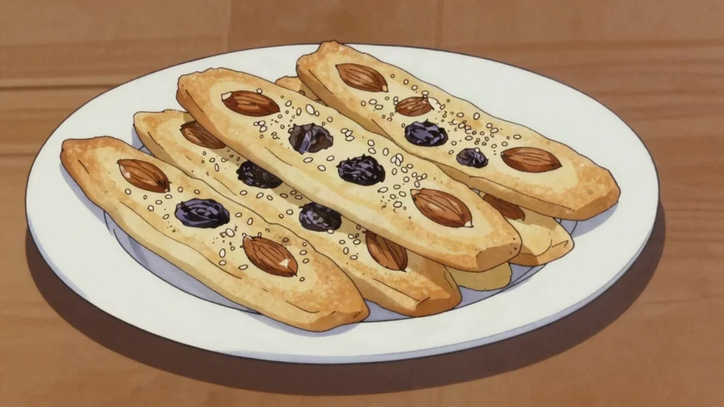 Fekkas, twice-baked almond, sesame and raisin biscuits sliced thin for dunking in tea, Morocco dessert, anime style