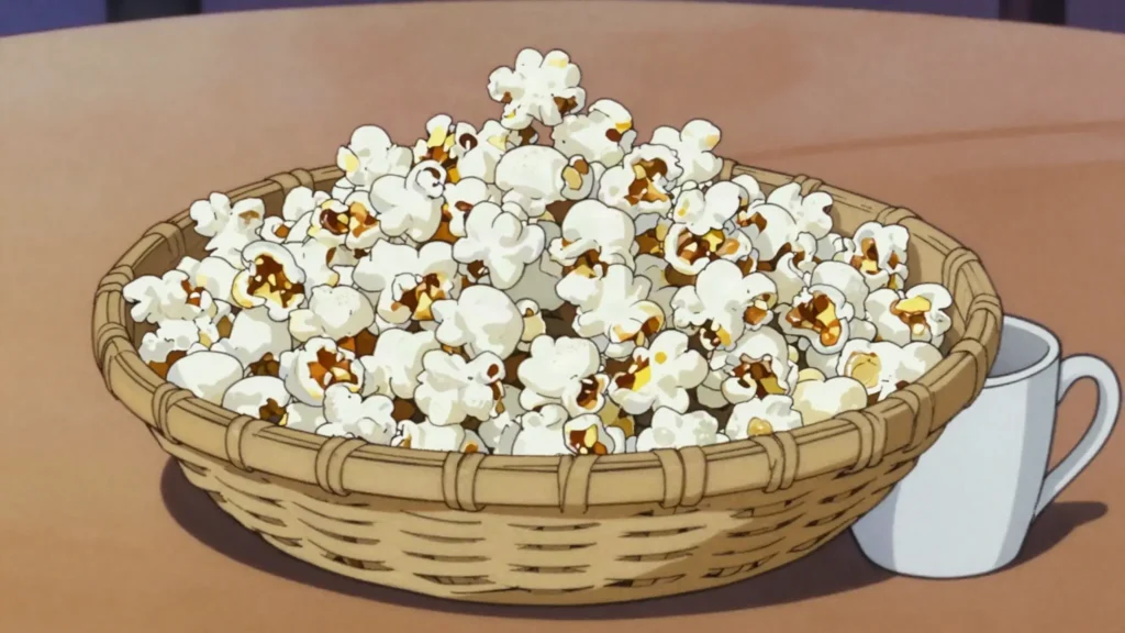 Fendisha, popcorn served in a wide basket alongside roasted coffee, Ethiopia snack, anime style