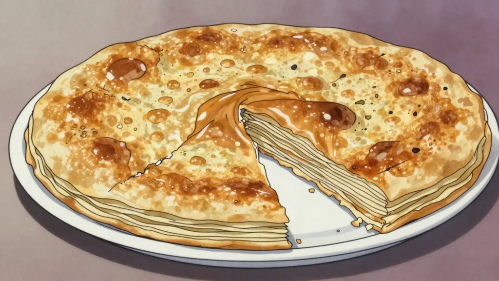 Feteer meshaltet, many-layered buttery flaky pastry, eaten with honey, cheese or savoury, Egypt bread & pastry, anime style