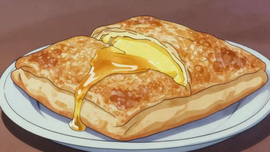 Fetira, layered dough folded around egg, fried in butter and eaten with honey, Ethiopia bread & pastry, anime style