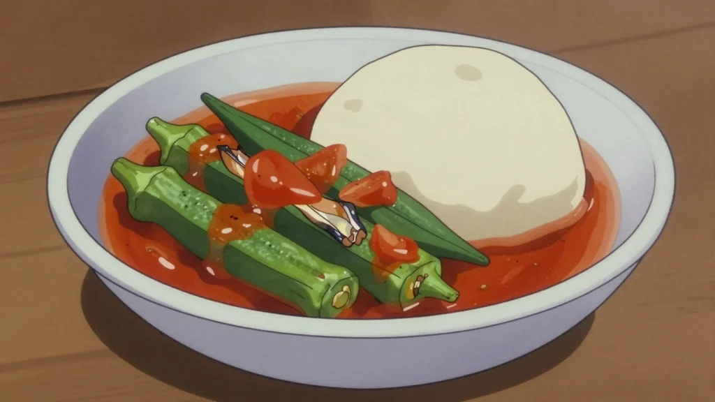 Fetri dessi, long-drawn okra sauce with smoked fish, eaten with akoumé, Togo soup & stew, anime style