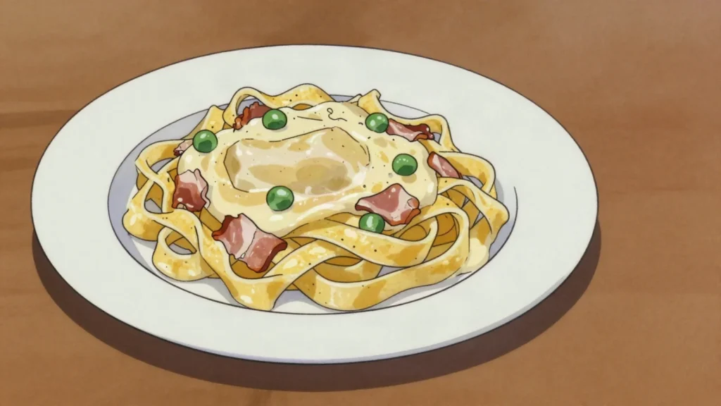 Fettuccine alla papalina, silky egg-and-cream fettuccine with prosciutto, created for future, Vatican City main, anime style