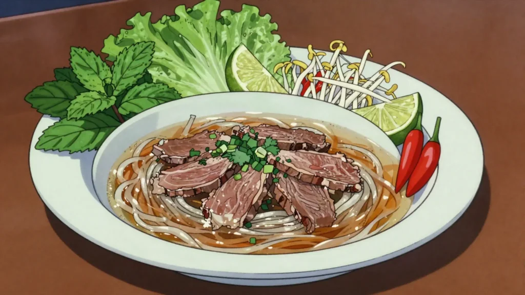 Feu, lao beef noodle soup served with a tray of herbs, lime and chilli, Laos soup & stew, anime style