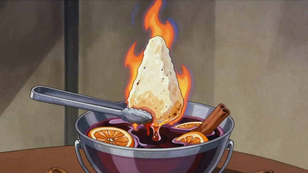 Feuerzangenbowle, mulled wine under a rum-soaked sugarloaf set alight above the bowl, Germany cocktail, anime style