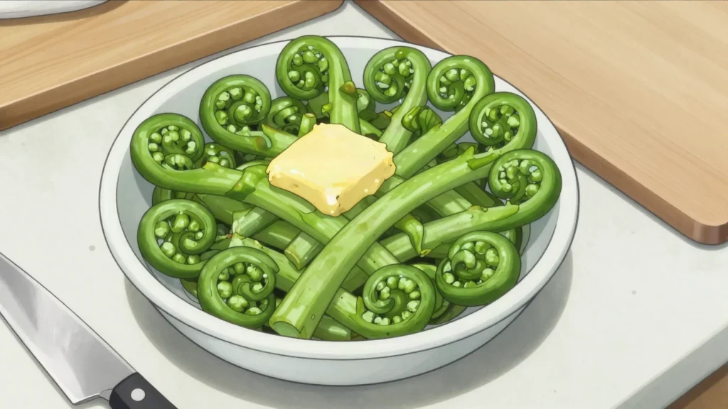 Fiddleheads, coiled ostrich fern shoots boiled or sauteed, a two-week spring vegetable, Canada salad & side, anime style