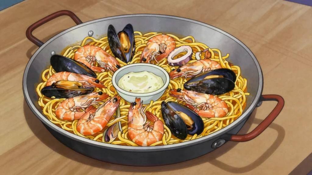 Fideuà, paella-like dish of short noodles cooked in fish stock with seafood, Spain main, anime style