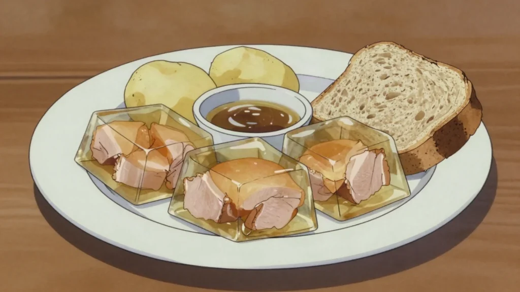Fierkelsjhelli, suckling pig set in its own clear aspic and sliced cold, Luxembourg charcuterie & cured, anime style
