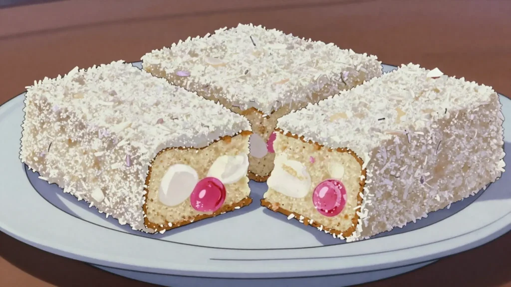 Fifteens, no-bake traybake of digestives, marshmallows and cherries rolled in coconut, Ireland dessert, anime style