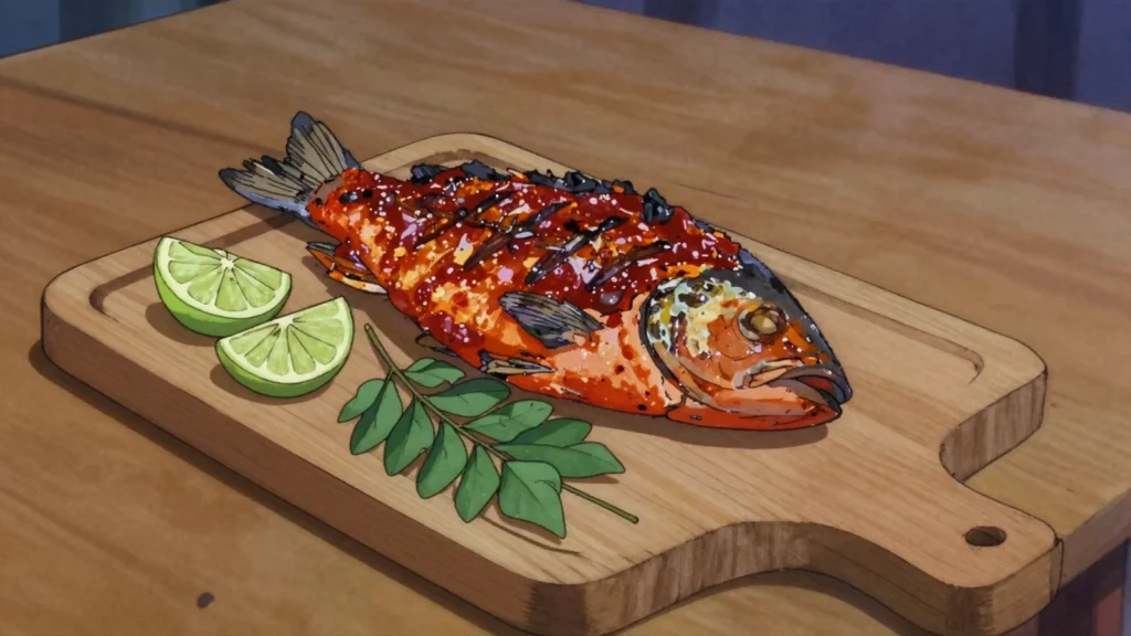 Fihunu Mas, fish basted with chili paste and grilled over coals, Maldives main, anime style