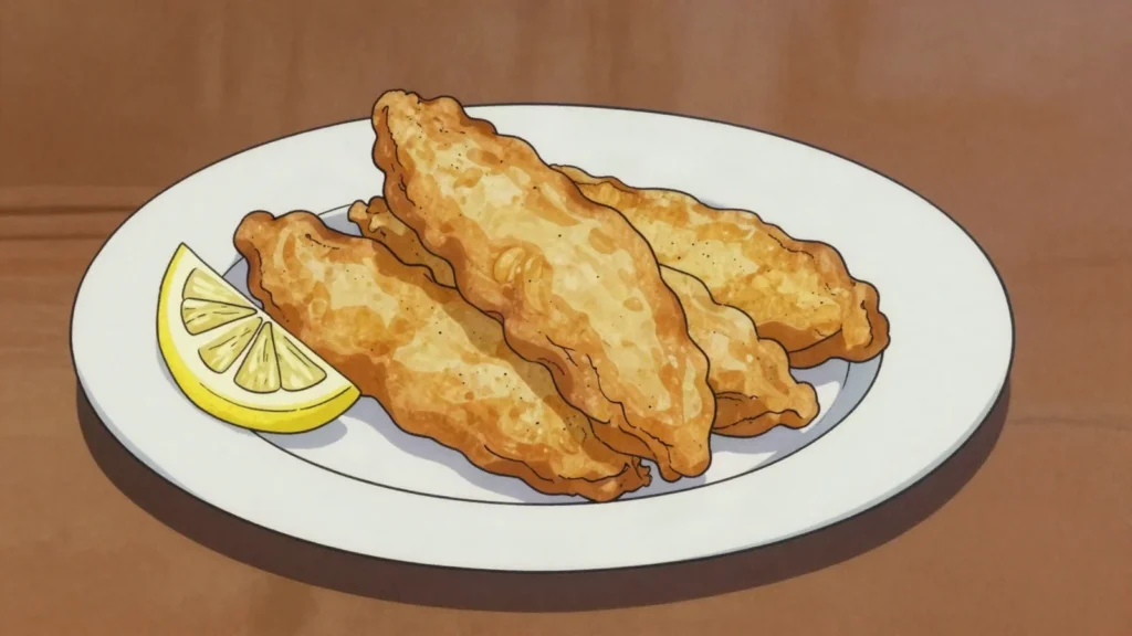 Filetti di baccala, salt cod fillets in light batter, deep fried and eaten standing, Vatican City street food, anime style